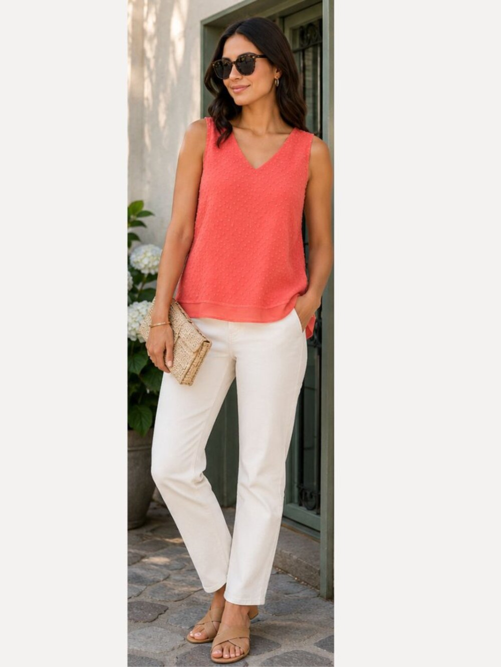 DR2 Coral Swiss Dot Sleeveless V-Neck Blouse Size Small